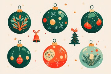 retro-style flat-vector set of Christmas-ornaments with vintage color-palette and hand-drawn cartoon elements including stars and ribbons for festive clipart and print-collage art projects
