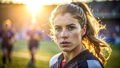 A portrait of a determined female athlete, sunlit with flowing hair, stands against a blurred sports field backdrop during golden hour