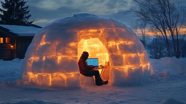 Person Working Remotely on a Laptop from a Glowing Ice Igloo.