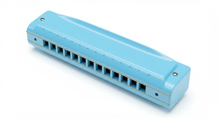A light blue harmonica musical instrument isolated on a white background.