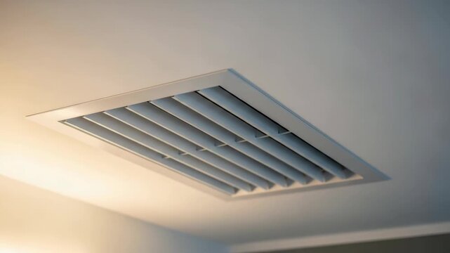 rectangular recessed ceiling air vent with parallel white/gray slats is centered on light-colored ceiling Warm light from the left creates glow contrasting with cooler tones on the right