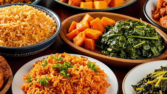 Table full of various dishes including jollof rice, plain rice, cooked greens, cubed sweet potato, and fried plantains