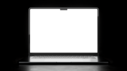 Front view of realistic Apple MacBook Air Space Gray 15". Isolated aluminium laptop with transparent screen for place your design, ready for mockup. High resolution 8K. Black background.