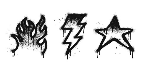 Spray painted graffiti flame, star and thunder drip symbol. isolated on white background. graffiti design elements