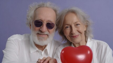 Interracial elderly couple enjoys a moment of love while holding hands and sharing a red heart-shaped balloon