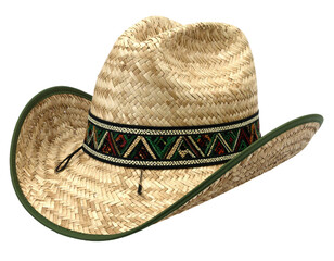 Cowboy-style straw hat with a decorative band and dark green edging, isolated