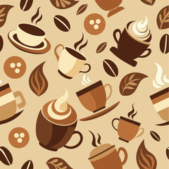 Obraz premium Seamless retro vector pattern of hot coffee and latte cups with coffee beans, leaves, and foam art in a warm brown and beige color palette. Perfect for cafe, breakfast, and food & beverage designs.