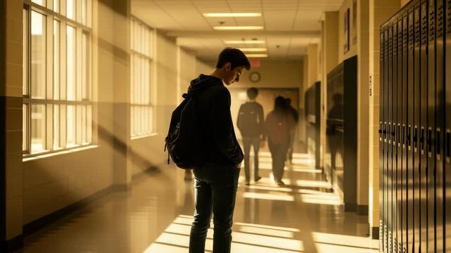 young student with backpack walks alone in sunlit school hallway head bowed Warm light streams through barred windows casting long shadows Lockers line the right wall while blurred figures walk ahead
