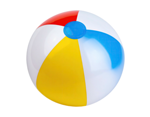 A brightly colored inflatable sphere with distinct segments against a black backdrop