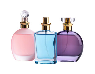Three colorful perfume bottles, gold tops, standing side-by-side