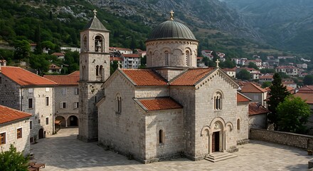 Ancient stone church with tower and red tile roof in european village
