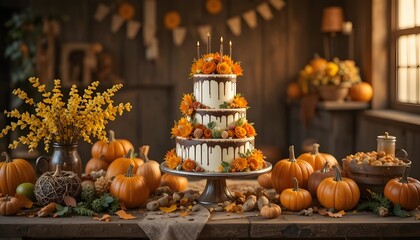 Fall celebration showcases a three-tiered cake with pumpkins, flowers and candles, perfect for autumn festivities and harvest season gatherings