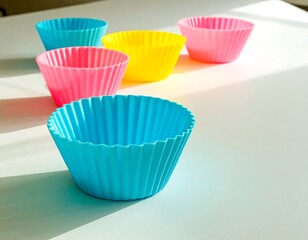 Colorful silicone cupcake molds on a white surface