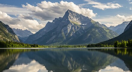 Majestic mountain range reflected in calm lake water under a cloudy sky