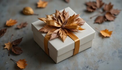 Elegant Gift Box Adorned with Autumn Leaves and Golden Ribbon, Perfect for Fall Celebrations and Thanksgiving Presents, Capturing the Spirit of the Season