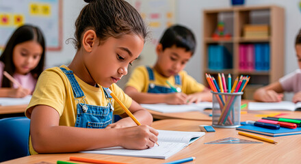 Fototapeta premium Quiet concentration: A student writes in a notebook during class.