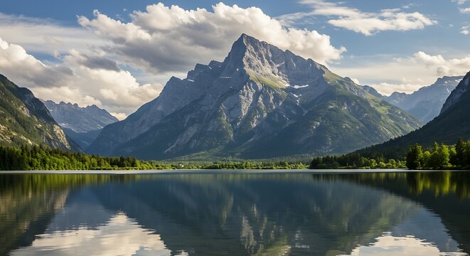 Majestic mountain range reflected in calm lake water under a cloudy sky