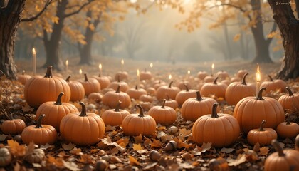 Eerie autumn landscape with pumpkins and candles, perfect for Halloween promotions or seasonal marketing, evokes a spooky, festive atmosphere in the forest