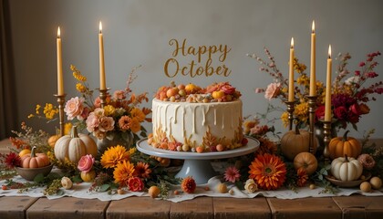 Celebrate Happy October with this stunning cake, pumpkins, and flower arrangement for a warm autumnal gathering and cozy Thanksgiving festivities