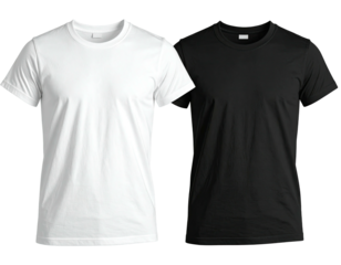 Two blank t-shirts, one white, one black, presented against a transparent backdrop
