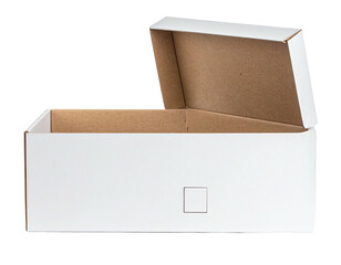 White open cardboard box on a black background, slightly angled