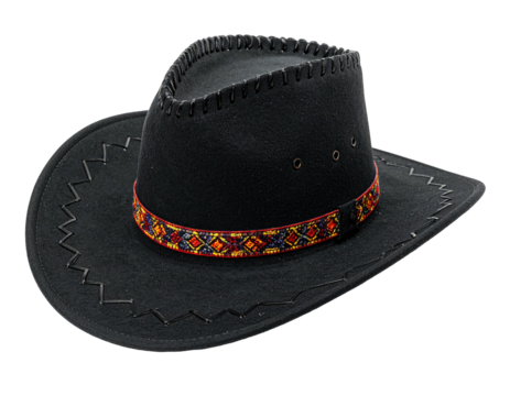 Dark cowboy hat with decorative band, zigzag trim, isolated on white