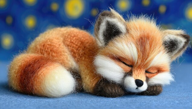 A sleeping fox figurine crafted with wool. - Powered by Adobe