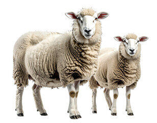 Two fluffy sheep against a transparent background, looking directly at the viewer