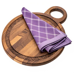 Elegant Wooden Chopping Board with Carved Pattern and Handle &ndash; Round Kitchen Board Featuring Folded Purple Checked Cloth Napkin, Perfect for Culinary Preparation, Food Serving, or Rustic Table Setting