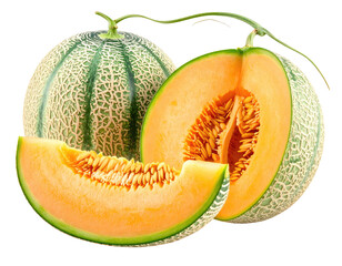 Close-up of cantaloupe fruit with one cut open, showing the seeded interior