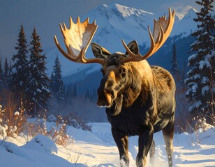 Majestic moose traversing a snowy expanse with mountains in the background