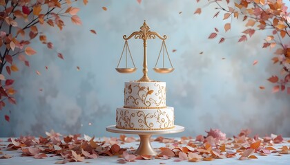 Whimsical wedding cake adorned with golden scales and falling leaves, perfect for autumn celebrations and fairytale romance with balanced design