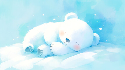 雪の中で気持ちよさそうに眠るシロクマの子どもの水彩イラスト