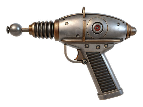 Metallic retro sci-fi ray gun with detailed barrel and futuristic grip, ideal for classic science fiction, vintage weapon concepts, space adventures, and imaginative futuristic technology visuals.

