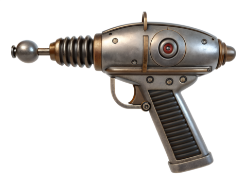 Metallic retro sci-fi ray gun with detailed barrel and futuristic grip, ideal for classic science fiction, vintage weapon concepts, space adventures, and imaginative futuristic technology visuals.

