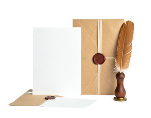 Composition with blank paper, parcel, quill, wax seal, & envelope; isolated black