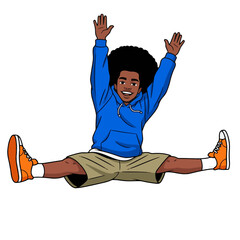 2D flat vector illustration of a gilpy teenage boy leaping into the air performing a dramatic split jump
