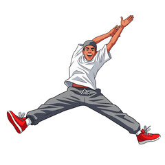 2D flat vector illustration of a gilpy teenage boy leaping into the air performing a dramatic split jump