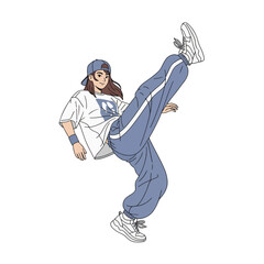 2D flat vector illustration of a gilpy teenage girl in sporty street outfit spinning backward on her shoulders with legs kicking in the air