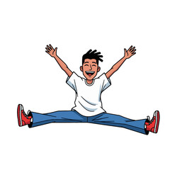 2D flat vector illustration of a gilpy teenage boy leaping into the air performing a dramatic split jump