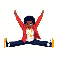 2D flat vector illustration of a gilpy teenage boy leaping into the air performing a dramatic split jump