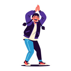 2D flat vector illustration of a gilpy teenage girl with pigtails and bomber jacket, clapping hands above her head while stepping side to side