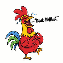 Gilpy-style rooster, 2D flat vector, eyes squeezed shut with tears flying, wings slapping its belly, open beak wide as if roaring with laughter