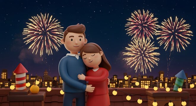 3D animated couple embracing on a city rooftop, watching festive fireworks light up the night sky. Celebration, romance, special occasion, holiday.