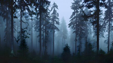 A misty forest at dusk, tall pines shrouded in fog, evoking a sense of mystery and quiet solitude.