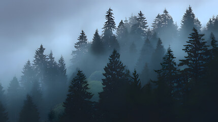 A misty forest at dusk, tall pines shrouded in fog, evoking a sense of mystery and quiet solitude.