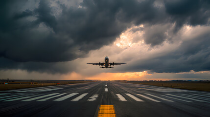 An airplane taking off into a dramatic sky from an airport runway.