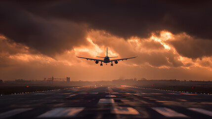 An airplane taking off into a dramatic sky from an airport runway.