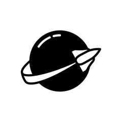 Monochrome minimalist graphic illustration featuring a stylized planet with a distinct ring system, 