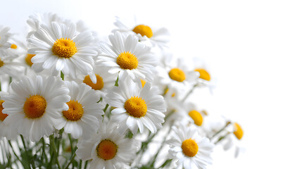 Fresh daisies in full bloom on a clean white background.